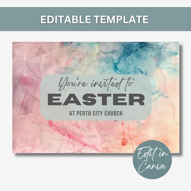 May include: An invitation to Easter at Perth City Church. The invitation features a watercolour background with pink, blue, and yellow hues. The text "You're invited to EASTER at Perth City Church" is in a white box with a grey border.