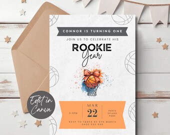 Rookie of the Year Basketball First Birthday Invitation Editable Sports 1st Birthday Invite Boys Printable Basketball Party Theme