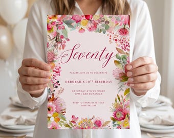 Editable 70th Birthday Invitation Template, Elegant Floral Seventieth Birthday Invite, Printable Blush Flowers Party Invite