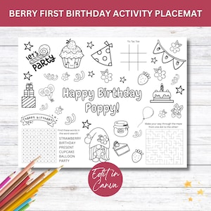 Strawberry Birthday Party Activity Sheet, Berry First Birthday Placemat, Berry 1st Party Decor, Editable Party Favor, Kids Activity Sheet