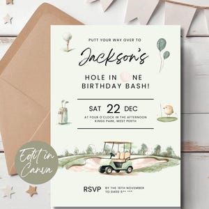 Golf First Birthday Invitation,  Editable Hole in One 1st Birthday Invite, Golf Par-Tee Invitation Template, Golf Themed Kids Party