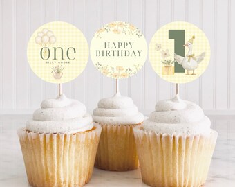 One Silly Goose Cupcake Toppers, Silly Goose Birthday Party Decor, Printable 1st Birthday Decorations, One Silly Goose Girl First Birthday