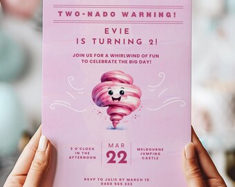 Twonado 2nd Birthday Invitation Girl, Pink Tornado Party (Editable Template)