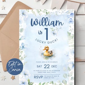 One Lucky Duck Birthday Invitation Editable, First Birthday Duck Invite, Printable 1st Birthday Party Template for Boys, Duck Party Theme