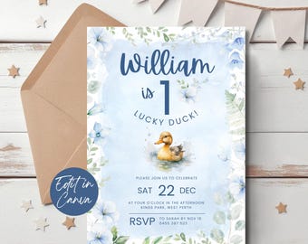 One Lucky Duck Birthday Invitation Editable, First Birthday Duck Invite, Printable 1st Birthday Party Template for Boys, Duck Party Theme