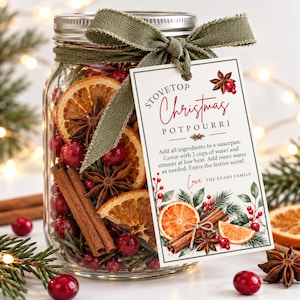 Puede incluir: Un frasco de vidrio transparente lleno de rodajas de naranja secas, anís estrellado, ramas de canela y arándanos rojos. Una cinta verde oliva sujeta una etiqueta rectangular blanca con el texto Stovetop Christmas Potpourri.