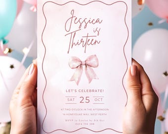 Faire-part 13e anniversaire fille, modèle d'invitation modifiable treizième, faire-part adolescente noeud rose, fête d'anniversaire imprimable 13e fille