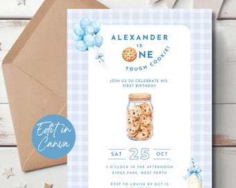 One Tough Cookie Birthday Invitation, Printable First Cookie Party Invite, Editable Cookies and Milk Template, 1st Birthday Invite Boy