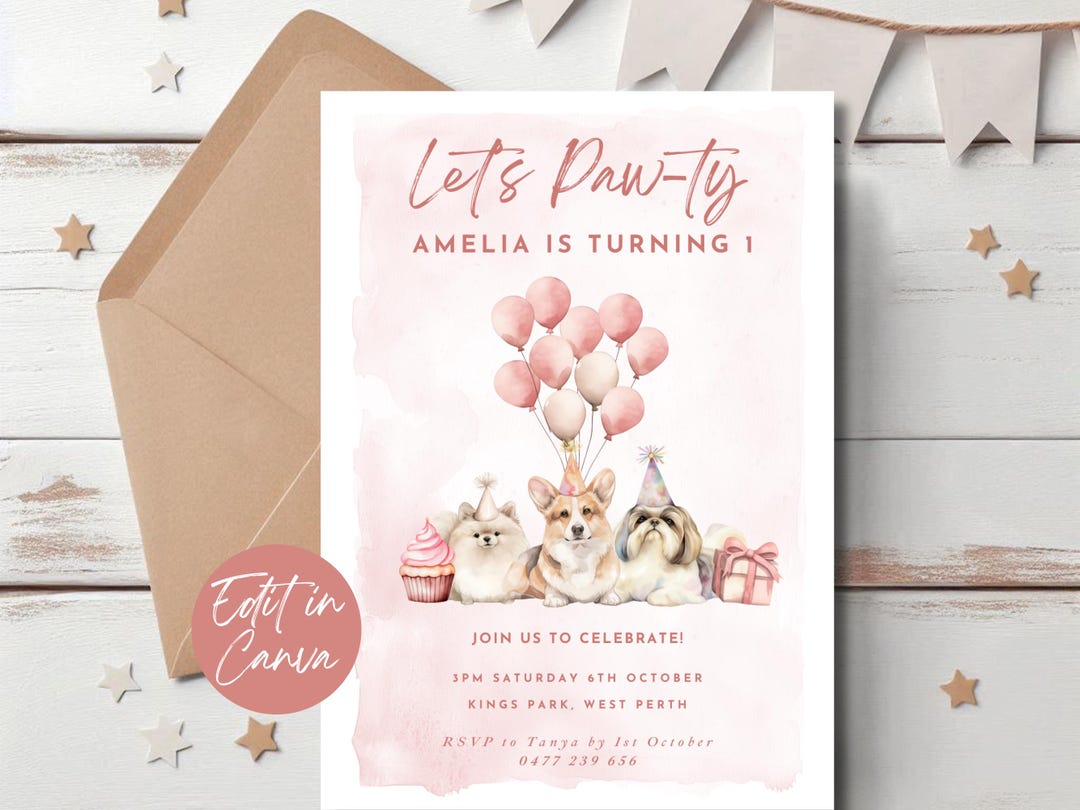 1st Birthday Invitation Puppy Theme Editable First Birthday Dog Invite ...