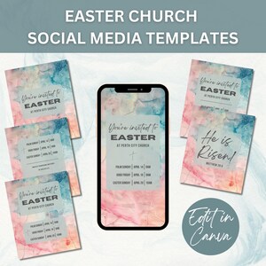 Puede incluir: Cuatro plantillas de redes sociales para los servicios de la iglesia de Pascua. Las plantillas presentan fondos de acuarela en tonos de rosa, azul y amarillo. El texto en las plantillas dice "Estás invitado a la Pascua en la Iglesia de la Ciudad de Perth" y "¡Él ha resucitado!" con una referencia bíblica. Las plantillas también incluyen las fechas y horas del Domingo de Ramos, el Viernes Santo y el Domingo de Pascua.