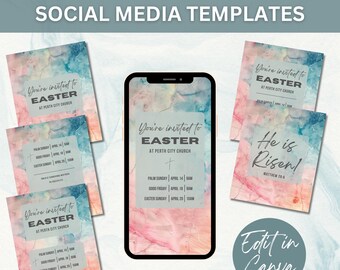 Easter Church Social Media Posts, Digital Easter Church Invite, Editable Easter Social Media Invitation Templates