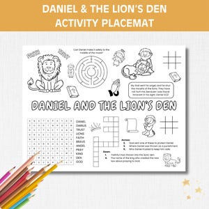 Folha de atividades para crianças sobre Daniel e a Cova dos Leões, página para colorir com histórias bíblicas para imprimir, jogo americano para atividades da Escola Dominical