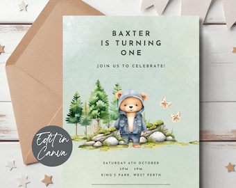Bear 1st Birthday Invitation, Beary First Birthday Invite, Editable Boy 1st Invitation Template, Printable Teddy Bear Invite