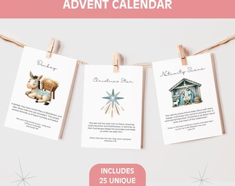 Calendario dell'Avvento con simboli natalizi per bambini, schede bibliche stampabili, schede bibliche con conto alla rovescia per Natale, attività per famiglie sulla Natività