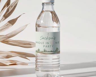 Etiqueta para botella de agua de golf para primer cumpleaños, decoración para fiesta de primer cumpleaños de hoyo en uno, envoltorio editable para botella de agua de golf, recuerdo imprimible con temática de golf