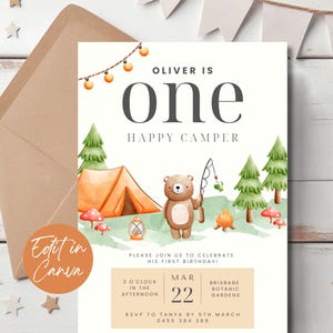 One Happy Camper 1st Birthday Invitation Editable Camping Invite Template Boy Birthday Instant Download