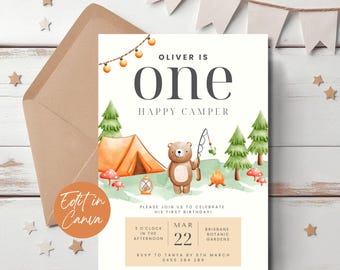 One Happy Camper 1st Birthday Invitation Editable Camping Invite Template Boy Birthday Instant Download