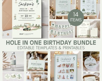 May include: A collection of printable birthday party templates with a golf theme. Includes invitations, signs, cupcake toppers, and thank you tags. The invitation reads "Hole in One Birthday Bash!" with a golf cart illustration. The bundle includes 14 items.