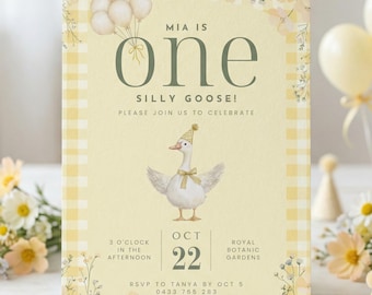 One Silly Goose Birthday Invitation, 1st Birthday Girl Invite Printable, Silly Goose Party, Pastel Gingham Goose Invitation Template