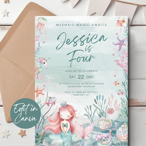 Mermaid Birthday Invitation, Editable Mermaid 4th Birthday Invite, Girls Under the Sea Party Theme, Printable Fourth Birthday Ocean Invite