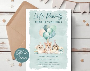 Einladung zum 1. Geburtstag Welpen Party, bearbeitbare erste Geburtstag Hund einladen, druckbare Welpe Pawty einladen Junge, Welpen Party einladen Vorlage