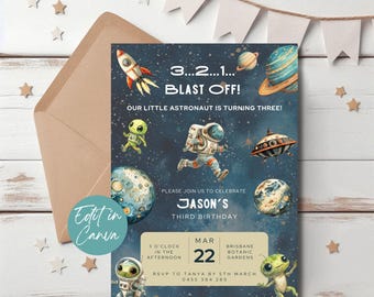 3rd Birthday Space Invitation, Outer Space Third Birthday Invite, Editable Planet Theme Party, Boy Third Birthday, Planet Invitation