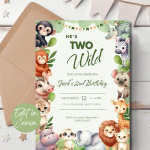 Invito di compleanno "Two Wild", invito per il primo compleanno "Safari", invito modificabile con animali della giungla, modello per il secondo compleanno con animali del safari