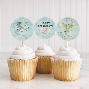 Dragon Cupcake Toppers, Printable Dragon Themed Kids Party Decor, Dragon Birthday Party Theme Decorations