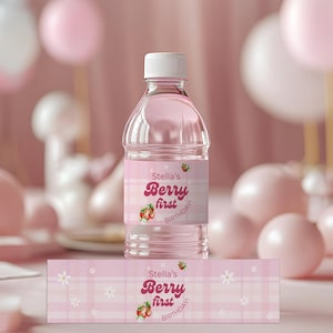 Berry First Birthday Water Bottle Label, Editable Strawberry 1st Birthday Wrapper Template, Berry First Birthday Decorations