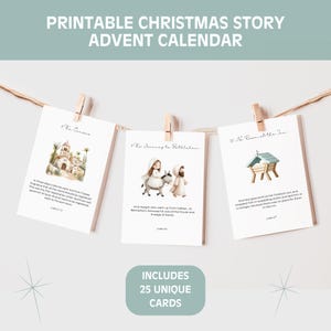 Puede incluir: Calendario de Adviento imprimible de la historia de Navidad con 25 tarjetas únicas. Las tarjetas están suspendidas por pinzas de madera en una cuerda. Cada tarjeta tiene una ilustración de acuarela y texto de la Biblia.