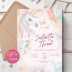 Unicorn Birthday Invitation, Pastel Rainbow Unicorn Invite, Printable 3rd Birthday Girl, Pink Third Birthday Invitation, Unicorn Kids Party