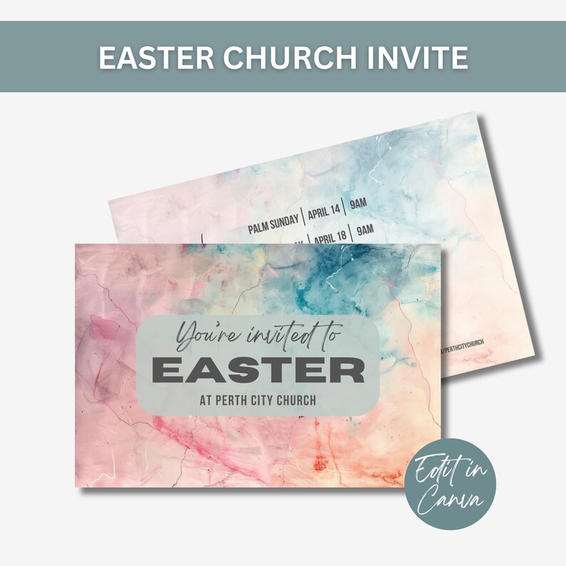 May include: An invitation to an Easter service at Perth City Church. The invitation features a watercolour background with pink, blue, and yellow hues. The text reads "You're invited to Easter at Perth City Church".