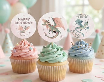 Adornos para cupcakes de dragón, decoración imprimible para fiestas infantiles con temática de dragón, decoraciones para fiestas de cumpleaños con temática de dragón