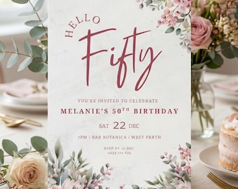 Invito per il 50° compleanno, invito per il 50° compleanno, modello di invito Hello Fifty, invito floreale rosa per adulti modificabile, invito per la festa del 50° compleanno