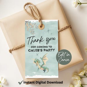 Dragon Party Favor Tag, Dragon Thank You Tag, Dragon Birthday Party Printable, Editable Kids Dragon Party Decor