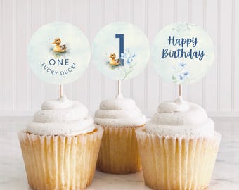Adornos para cupcakes de primer cumpleaños de One Lucky Duck (descarga digital)