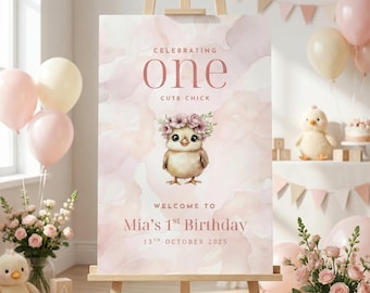 One Cute Chick Welcome Sign, Printable This Chick is One Party Decor, Editable Chicken First Birthday Poster, Farm Animal Themed Birthday