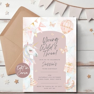 Young Wild and Three Unicorn Invitation, Editable 3rd Birthday Invite, Unicorn Birthday Invitation Template, Girl Third Party Magical Theme