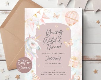 Junge Wilde und drei Einhorn Einladung, bearbeitbar 3. Geburtstag einladen, Einhorn Geburtstagseinladung Vorlage, Mädchen Dritte Party magisches Thema