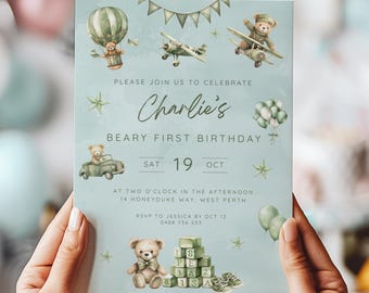 Beary First Invitation, Editable Teddy Bear Birthday Invite, Sage Green Bear 1st Birthday Template, Printable Boy 1st Balloon Invite