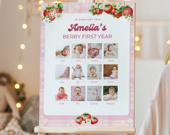Berry First Birthday Photo Milestone Board, Editable Strawberry 1st Birthday Party Sign, Berry First Party Decor, Sweet One Birthday Sign