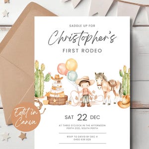 First Rodeo Birthday Invitation: Wild West Cowboy Party (Editable Template)