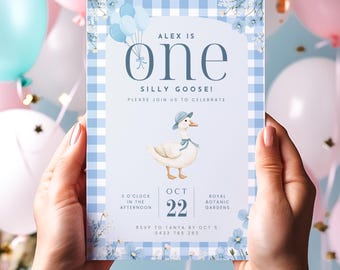 One Silly Goose Birthday Invitation, 1st Birthday Boy Blue Invite, Printable Goose Party Invitation, Editable Boy First Birthday Template