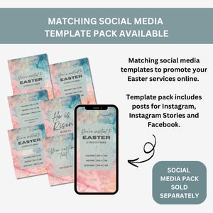 May include: A set of social media templates for Easter services. The templates feature a watercolour background with the text "You're invited to Easter" and "He is Risen".