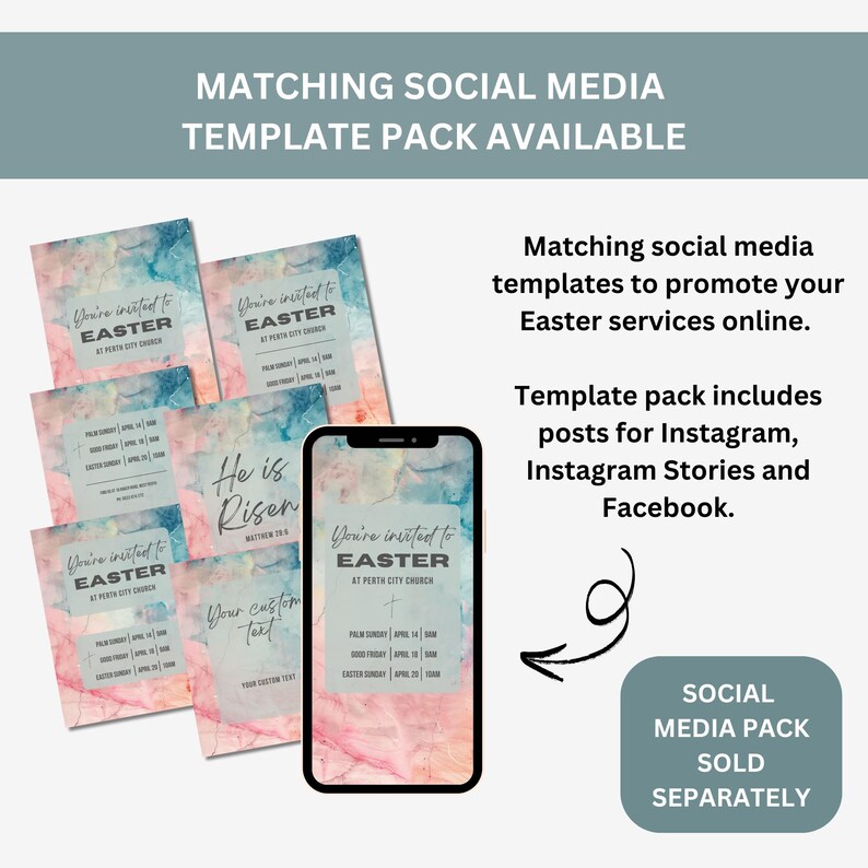 May include: A set of social media templates for Easter services. The templates feature a watercolour background with the text "You're invited to Easter" and "He is Risen".