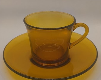 Duralex - Französische Bernsteinfarbene Glas-Tasse mit Untertasse