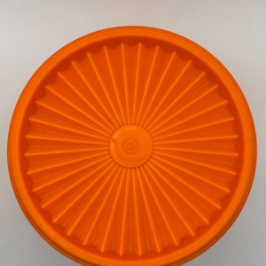 Könnte beinhalten: Orangener Plastikdeckel mit einem radialen Muster auf der Oberseite.