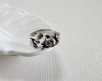 Silver Cat Ring - Sparkling Silhouette, Adjustable Band | DZSP-237