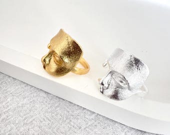 Sculptural Face Mask Open Ring • Matte Gold/Silver Finish • Handmade Statement Jewelry | DZSP-194