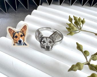 Custom Pet Portrait Ring – Engraved Stainless Steel, Personalized Gift- DZSP-006